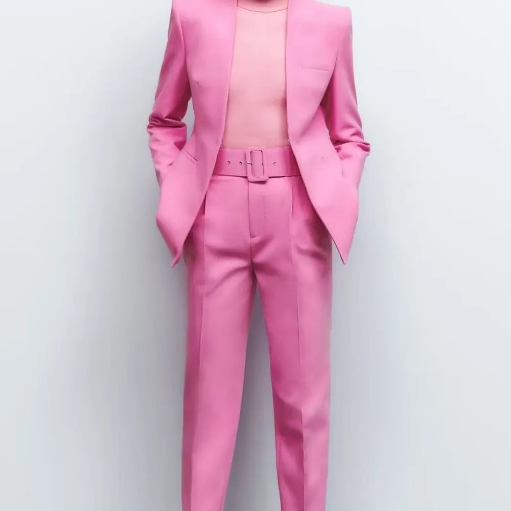 Women's Solid Color Office Coat & High Waist Pants