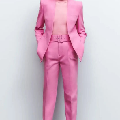 Women's Solid Color Office Coat & High Waist Pants