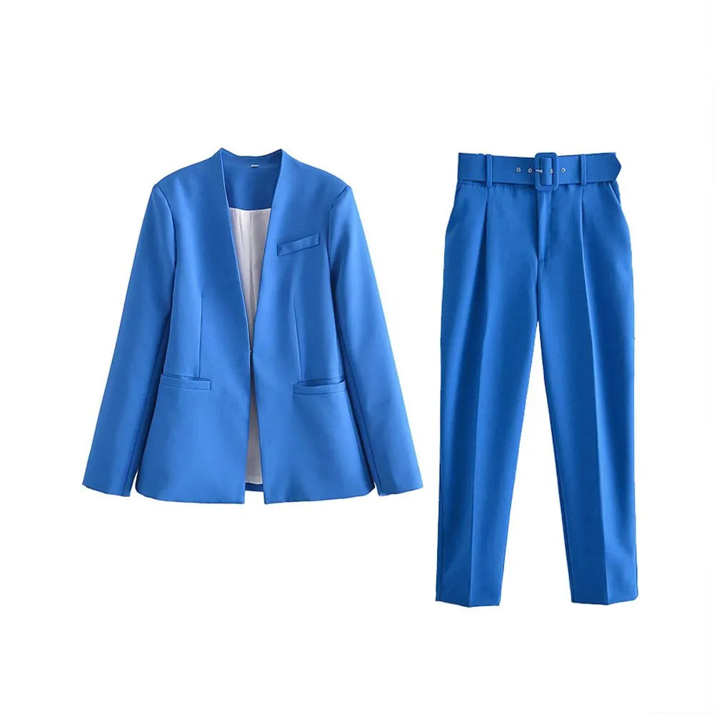 Women's Solid Color Office Coat & High Waist Pants