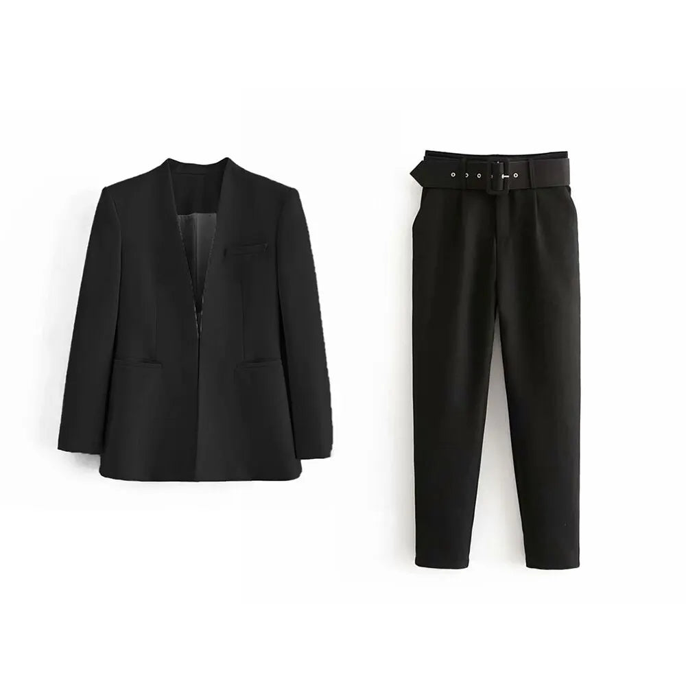 Women's Solid Color Office Coat & High Waist Pants