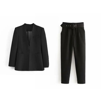Women's Solid Color Office Coat & High Waist Pants
