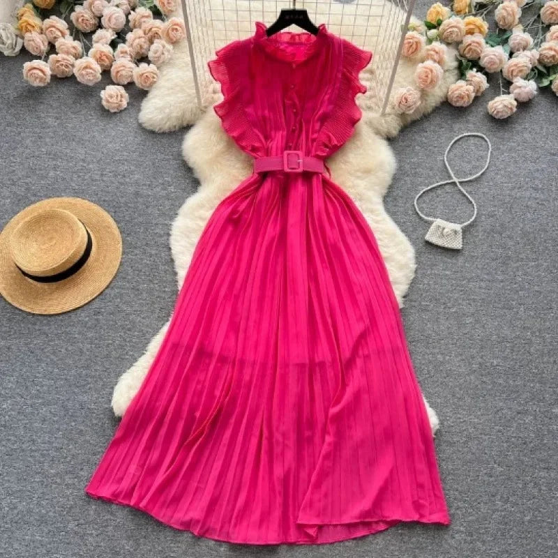 Women's Stand Collar Puffy Sleeves Gored Skirt Dress