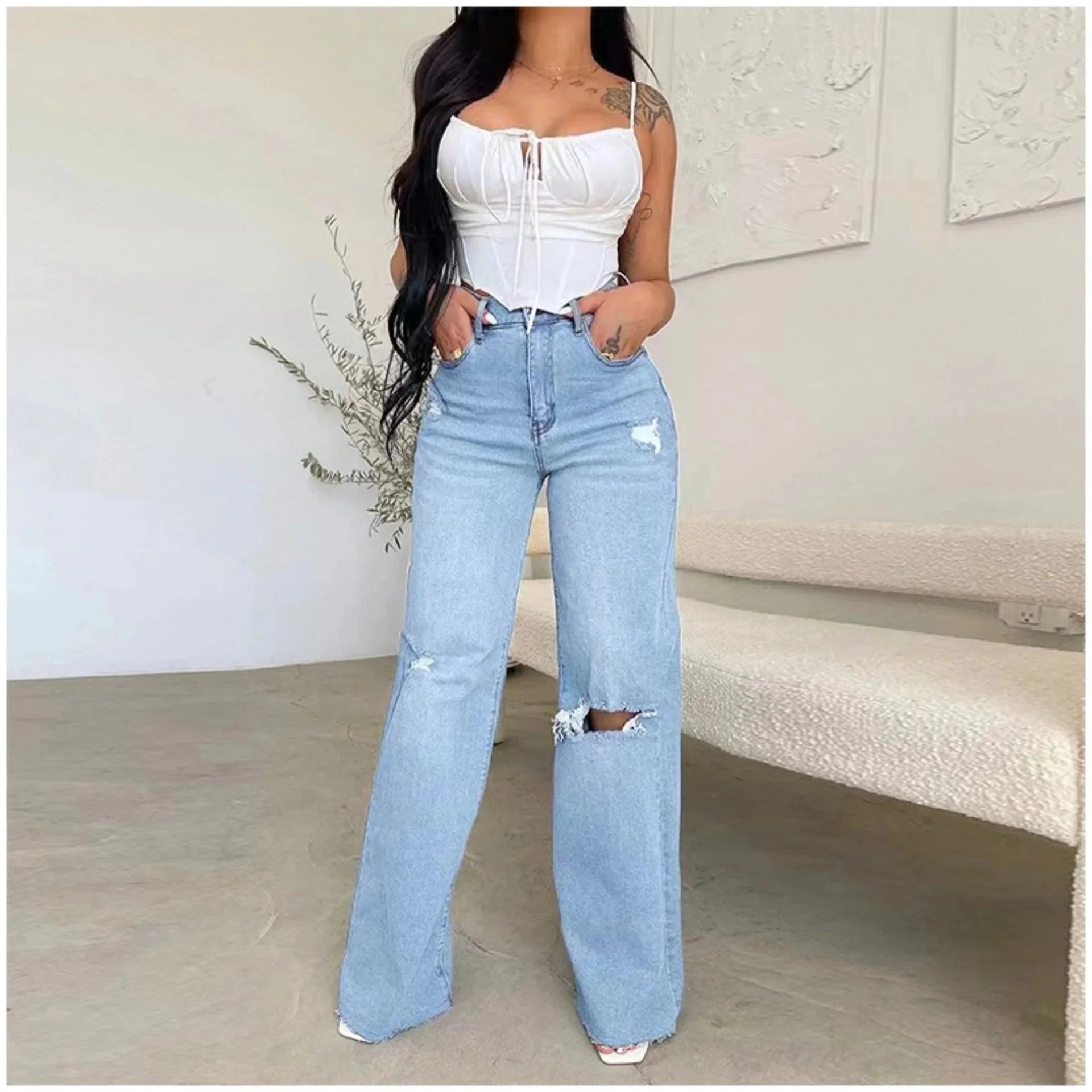 Women's Stylish High-Waist Hollow Out Denim Jeans