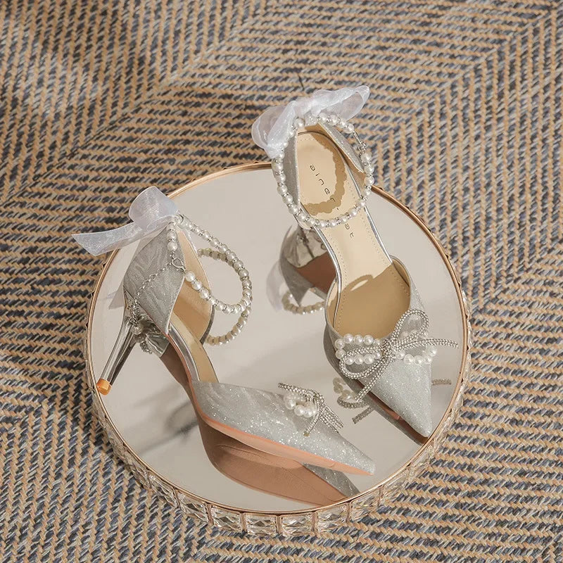 Women's Summer Pointed Toe Bow Pearl High Heel Sandals