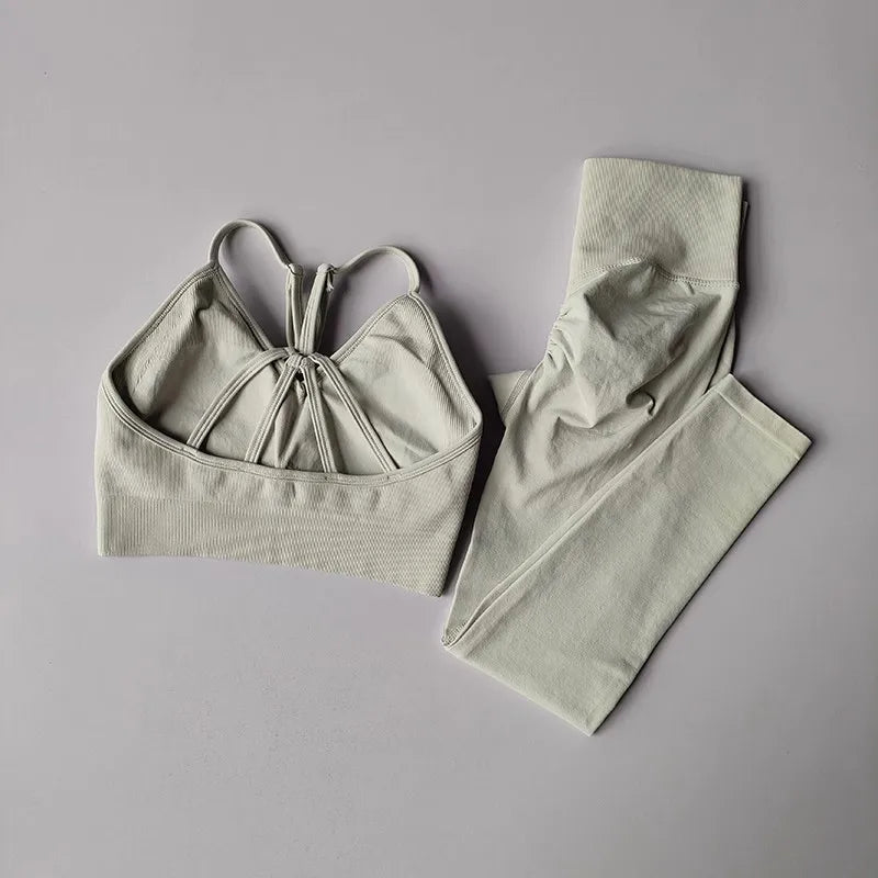 Women's V-Neck Fitness Sports Bra Leggings Set