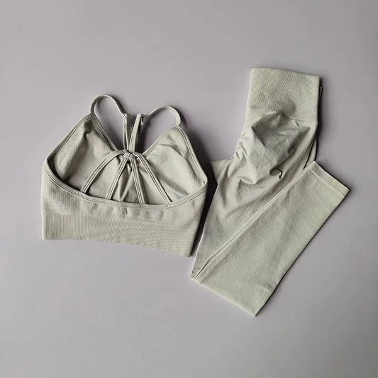 Women's V-Neck Fitness Sports Bra Leggings Set