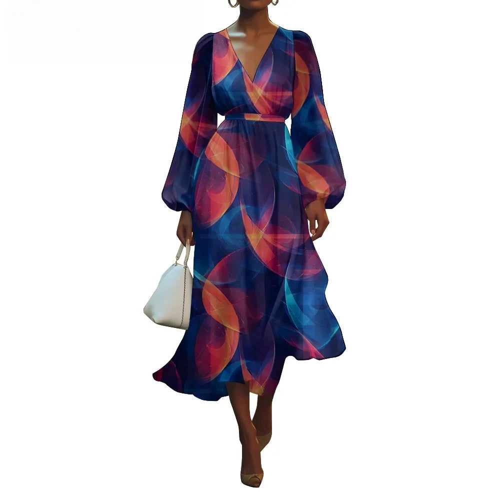 Women's V-Neck Floral Print Bubble Sleeve Dress