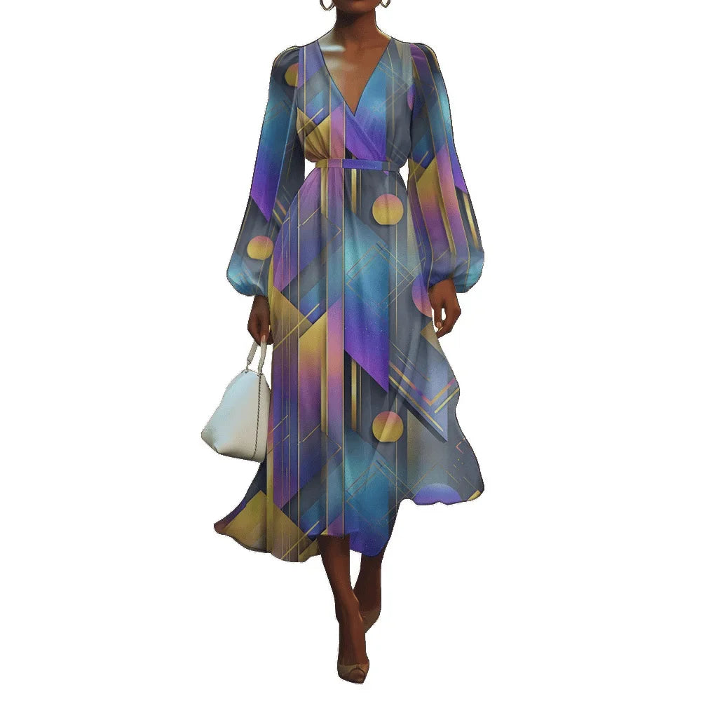 Women's V-Neck Floral Print Bubble Sleeve Dress