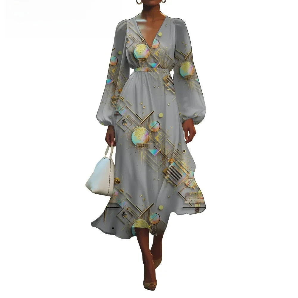 Women's V-Neck Floral Print Bubble Sleeve Dress