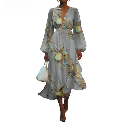 Women's V-Neck Floral Print Bubble Sleeve Dress