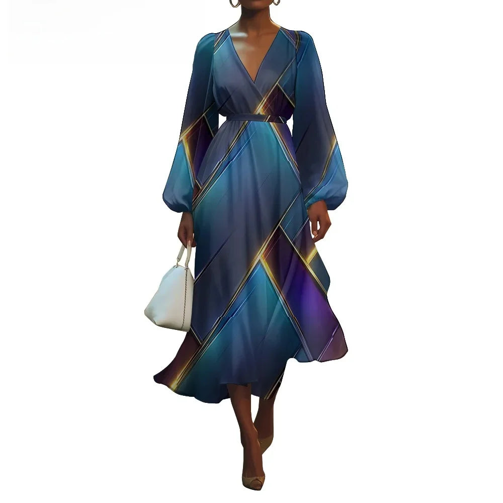 Women's V-Neck Floral Print Bubble Sleeve Dress