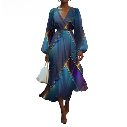 Women's V-Neck Floral Print Bubble Sleeve Dress