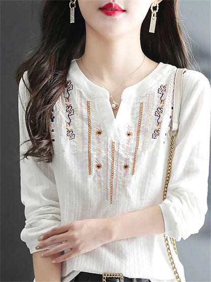 Women's V-Neck Loose White Long Sleeve Tops