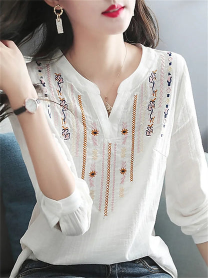 Women's V-Neck Loose White Long Sleeve Tops