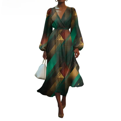 Women's V-Neck Floral Print Bubble Sleeve Dress