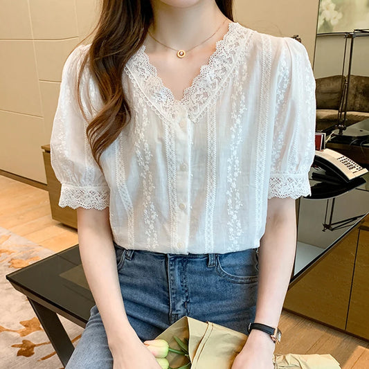 Women's V-Neck Short Sleeve White Lace Blouse