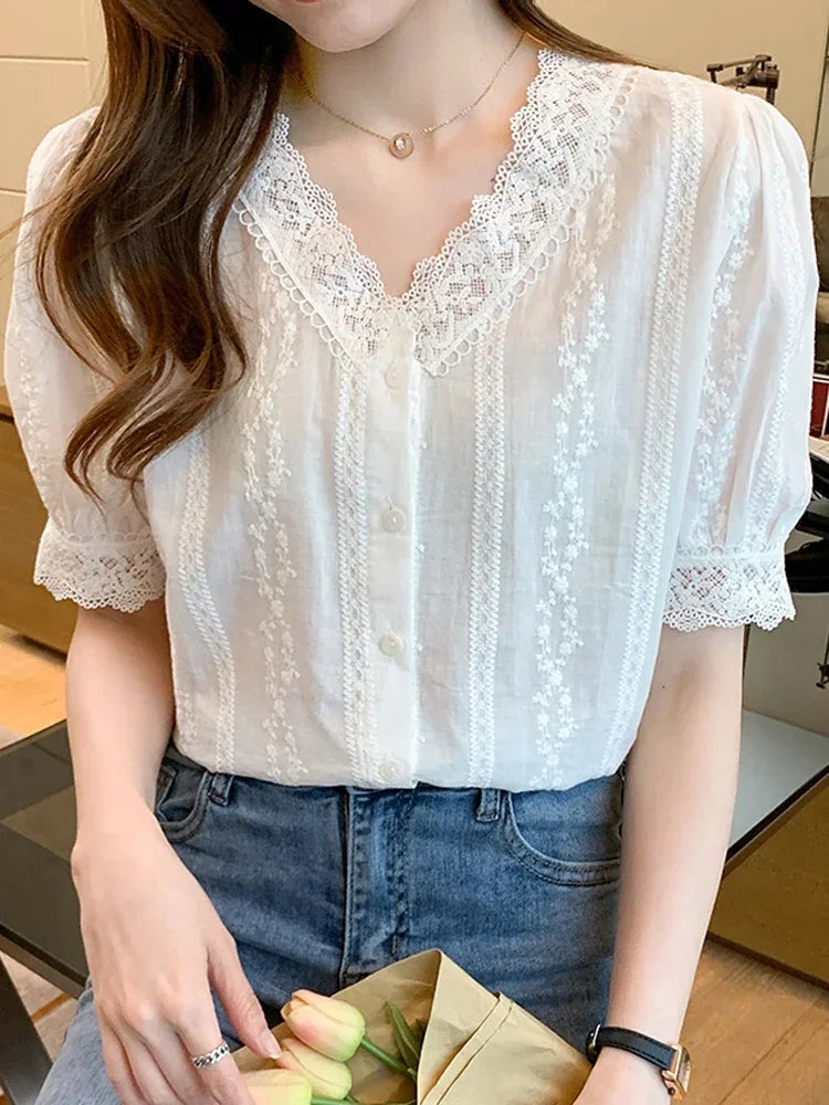 Women's V-Neck Short Sleeve White Lace Blouse