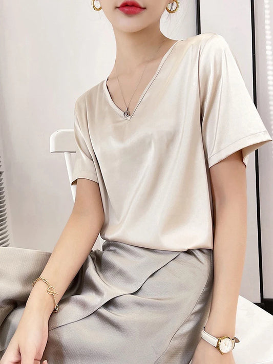Women's V-Neck Silk Summer Acetate Blouse