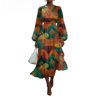 Women's V-Neck Floral Print Bubble Sleeve Dress