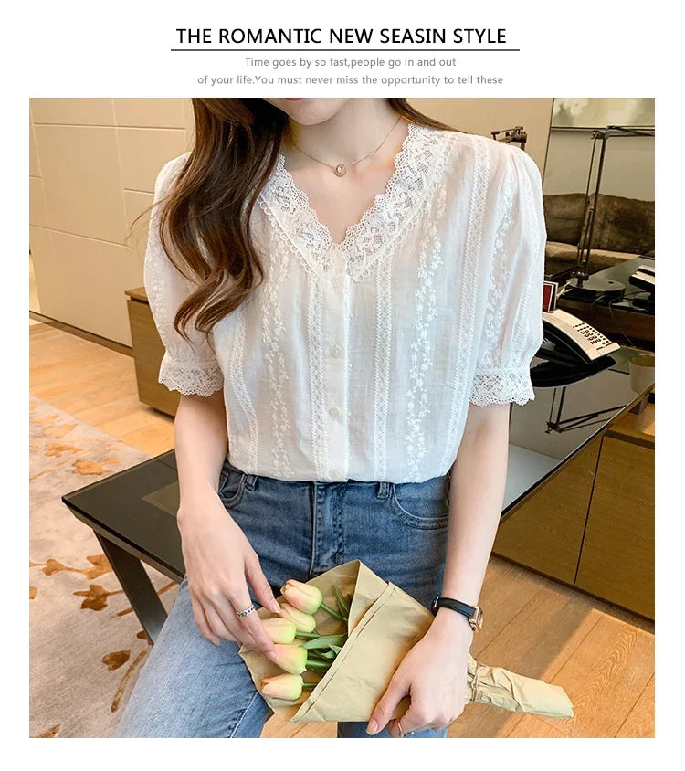 Women's V-Neck Short Sleeve White Lace Blouse