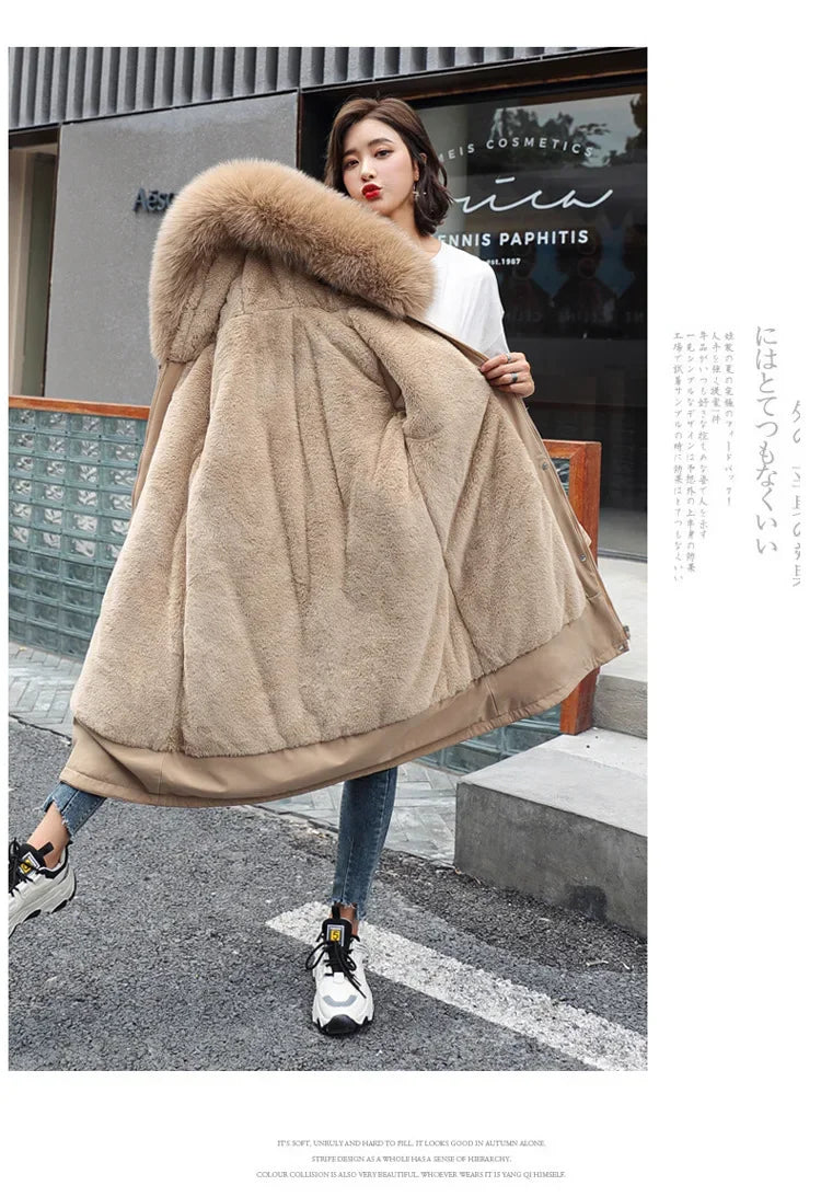 Women's Thick Warm Fur Collar Long Hooded Parka