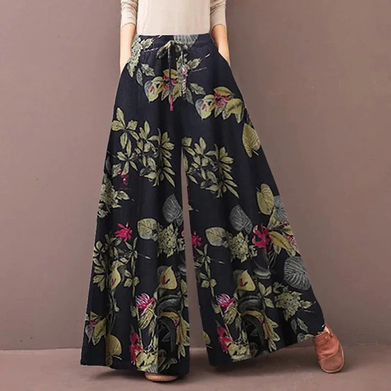 Women's Wide Leg Elastic Floral Tribal Print Pants Trousers