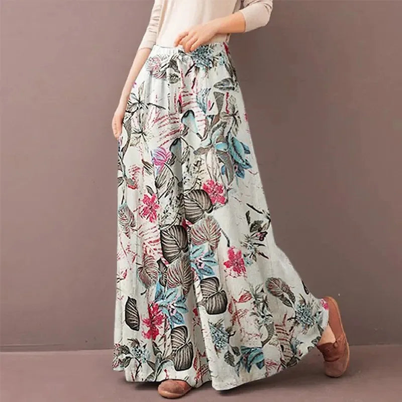 Women's Wide Leg Elastic Floral Tribal Print Pants Trousers