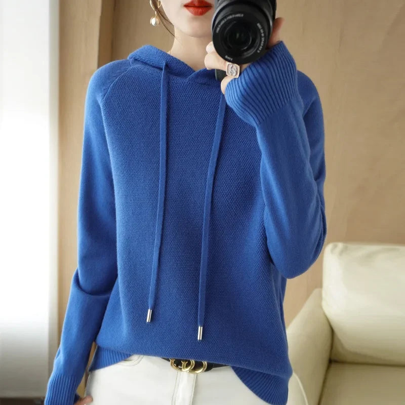 Women's Winter Loose Fit Wool Hooded Sweater