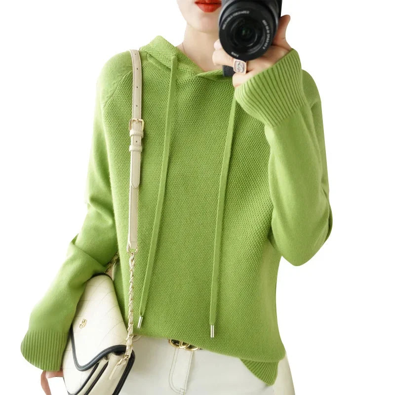 Women's Winter Loose Fit Wool Hooded Sweater