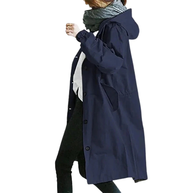 Women's Button Pocket Hooded Long Windbreaker Jacket