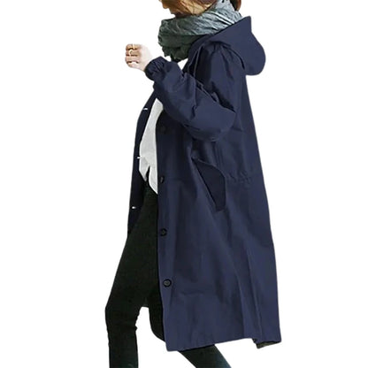 Women's Button Pocket Hooded Long Windbreaker Jacket