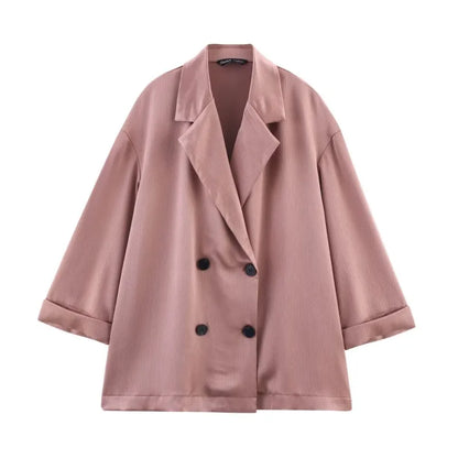 Women's Double-Breasted Satin Blazers & Long Trousers