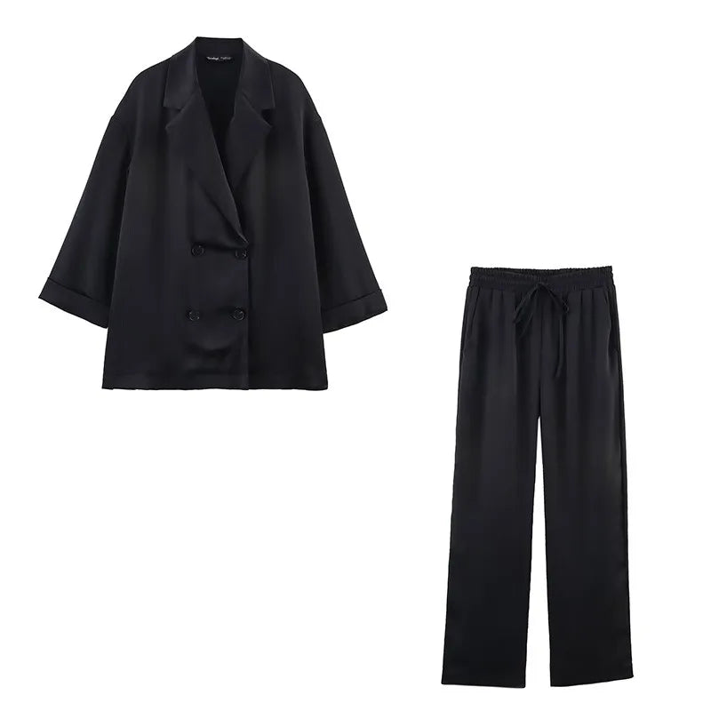 Women's Double-Breasted Satin Blazers & Long Trousers