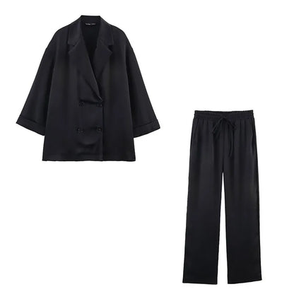 Women's Double-Breasted Satin Blazers & Long Trousers