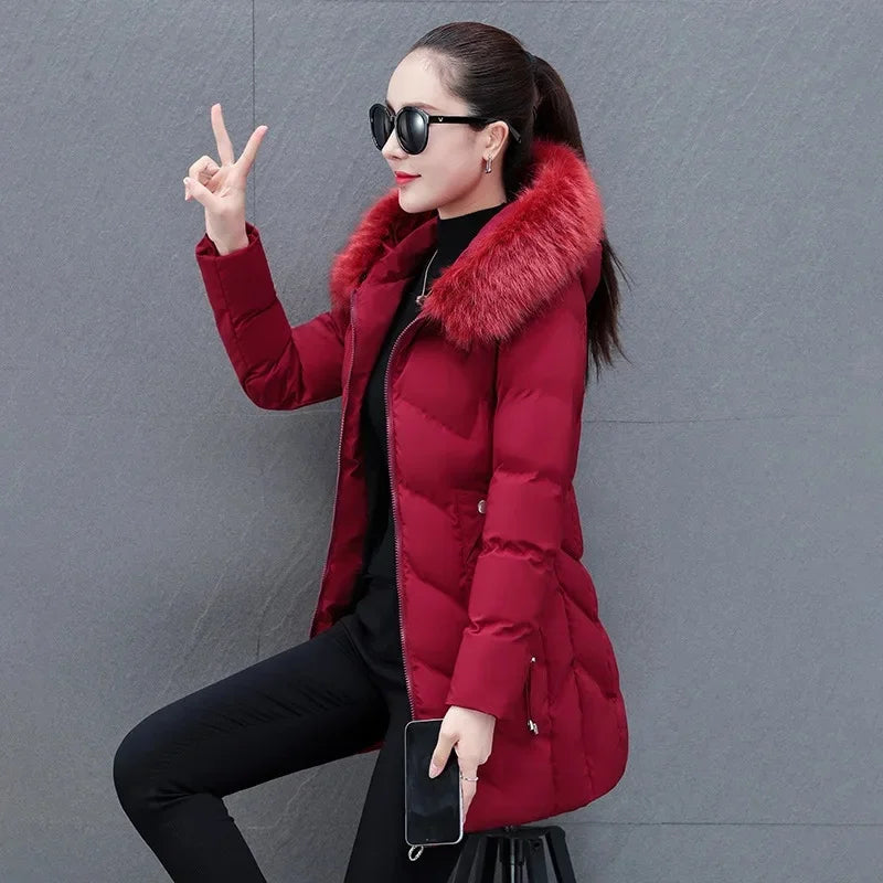 Women's Faux Fur Collar Slim Fit Long Sleeve Cotton Coat
