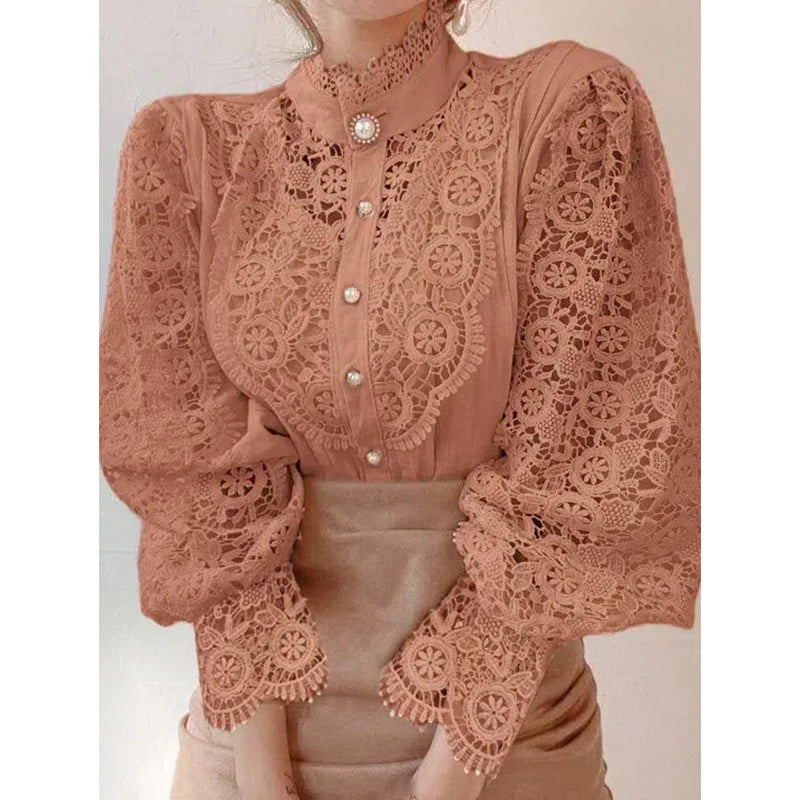 Women's Lace Up Hollow Out Stand Collar Shirt Blouse