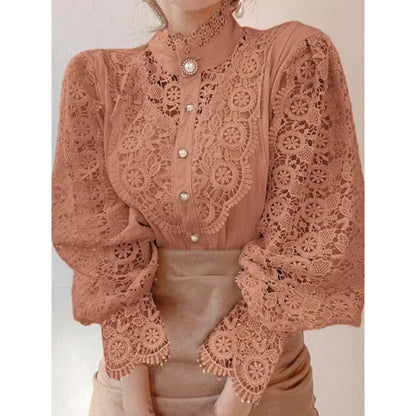 Women's Lace Up Hollow Out Stand Collar Shirt Blouse