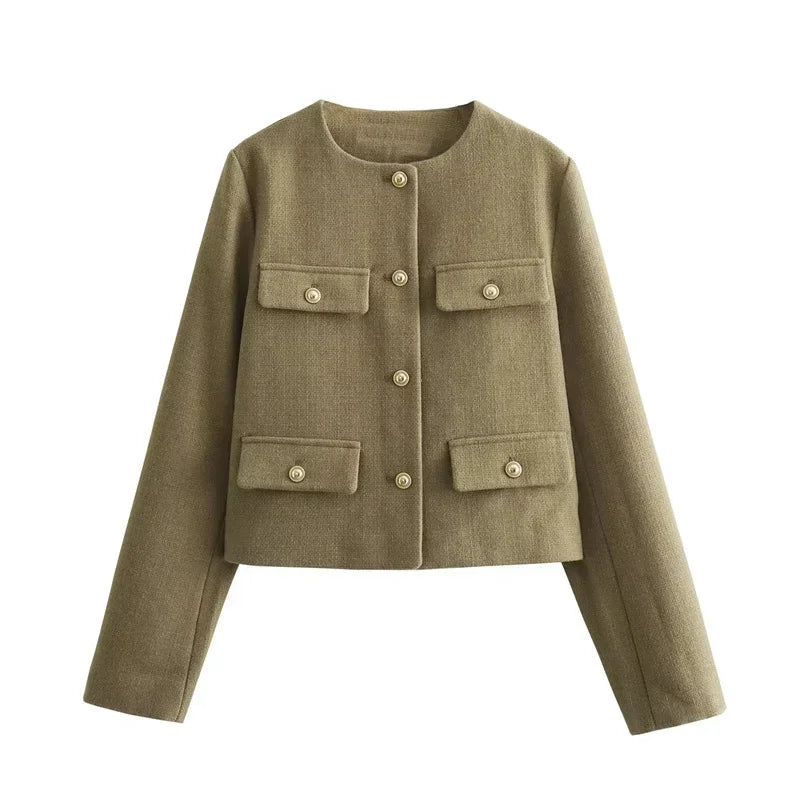 Women's Long Sleeve Button Cropped Tweed Jacket