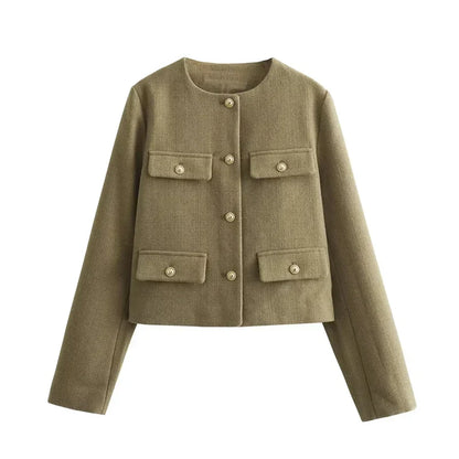 Women's Long Sleeve Button Cropped Tweed Jacket