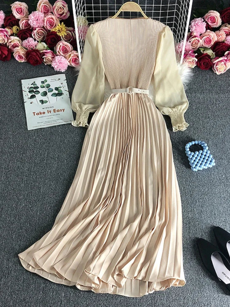 Women's Long Sleeve Pleated Elastic Waistband Dresses