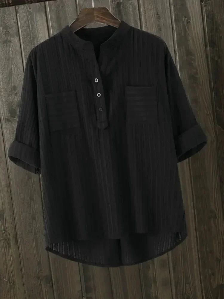 Women's Long Sleeve V-Neck Cotton Linen Blouses