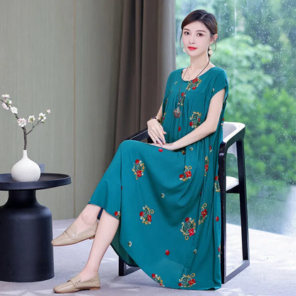 Women's Loose O-Neck Flower Print Dresses