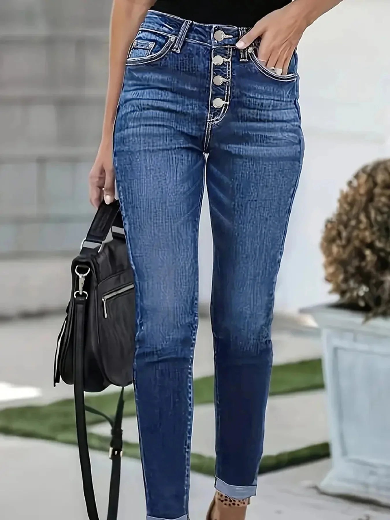 Women's Multi-Button Blue Denim Elastic Cuffed Jeans