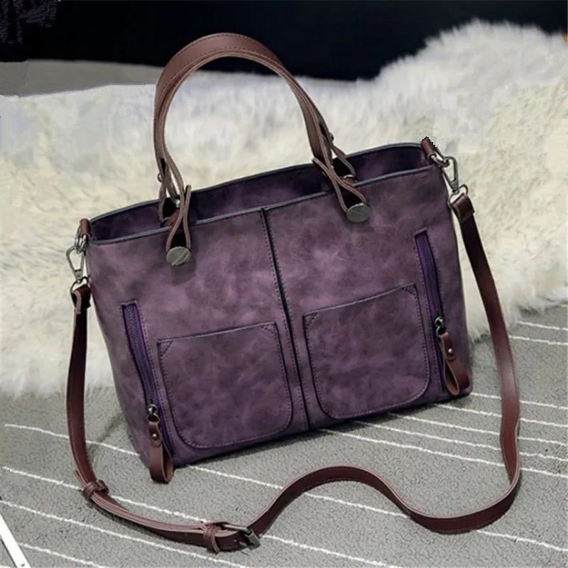 Women's Retro Leather Double Pockets Tote Handbag