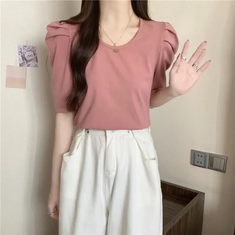 Women Ruched Sleeve CrewNeck Blouse Tops