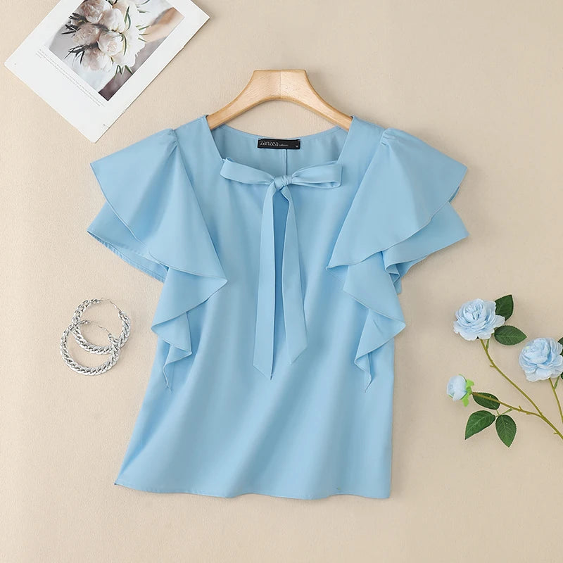 Women Ruffled Sleeve Round Neck Blouses