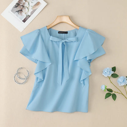 Women Ruffled Sleeve Round Neck Blouses