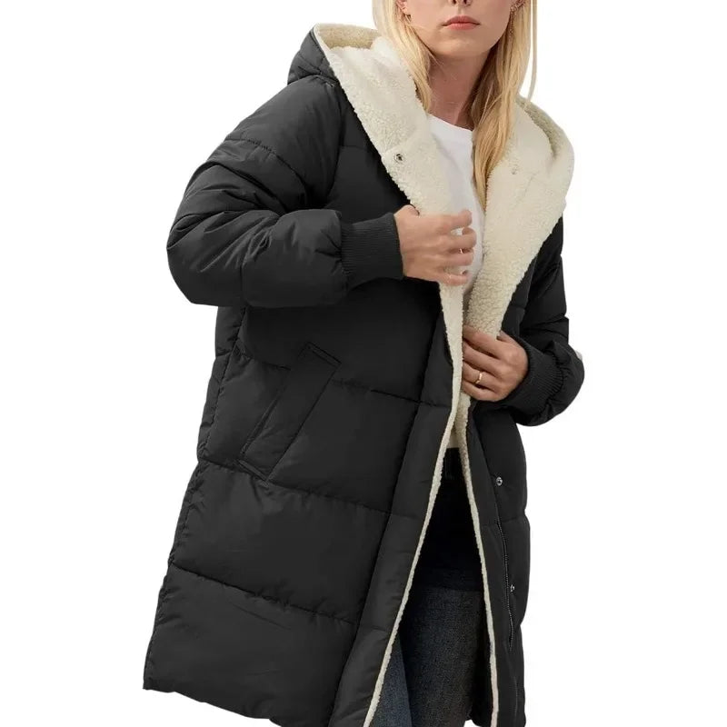 Women's Warm Sherpa Long Hooded Puffer Jacket