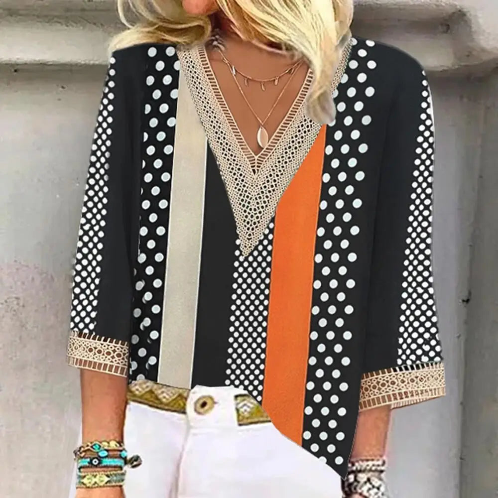 Women's Short Sleeve V Neck Printed Shirt