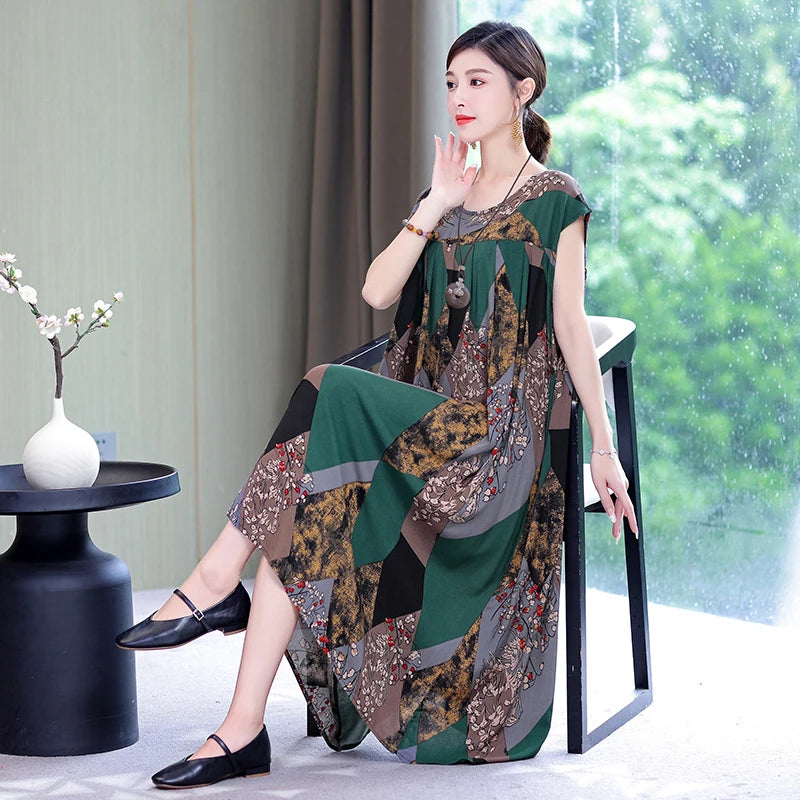 Women's Sleveless Loose O-Neck Flower Print Dresses